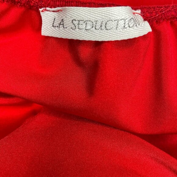 LA SEDUCTION Red Satin Ruched Mini Dress Puff Sleeve Keyhole - Picture 9 of 11